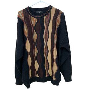 Vtg 90s Protege 3D Knit Sweater Men XL Made in USA Black Brown Coogi Style Cosby